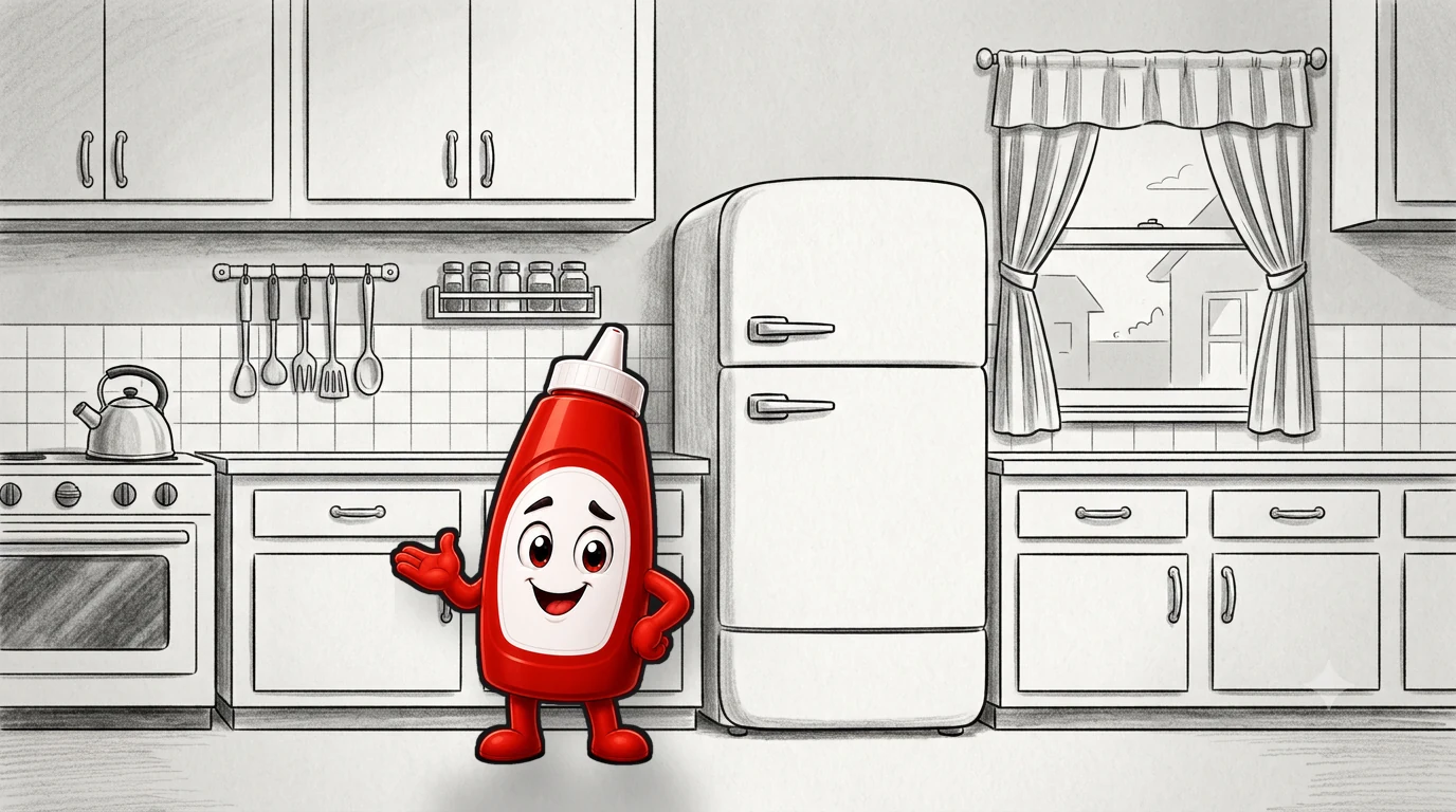 iTry Ketchup mascot standing in a grayscale 1950s kitchen beside a rounded fridge.