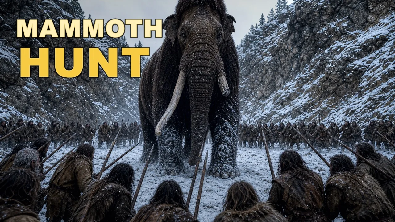 The Mammoth Hunt episode artwork with prehistoric hunters and a mammoth in the snow.